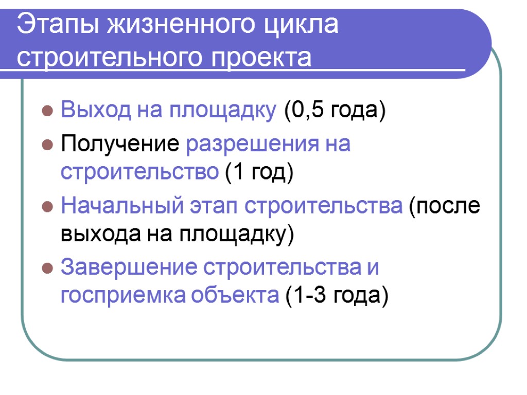 Этапы жизненного цикла строительного проекта Выход на площадку (0,5 года) Получение разрешения на строительство